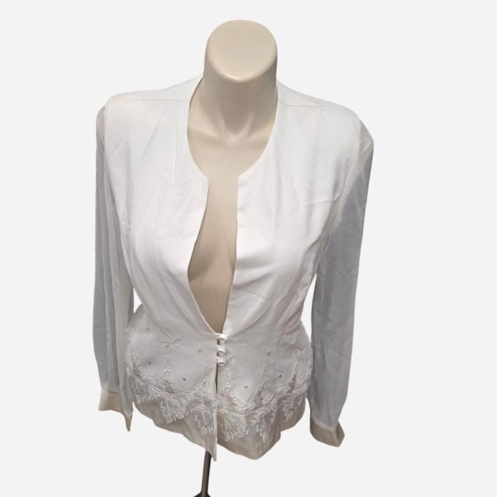 WOMENS RETRO 90'S WHITE BUTTON UP BLOUSE‎ WITH EMBROIDERED DETAILS SIZE 16